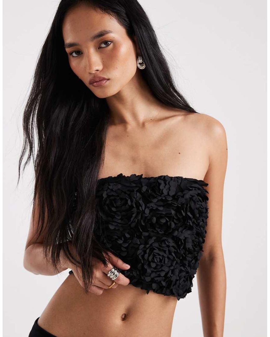 New Look Black 3d Floral Bandeau Top