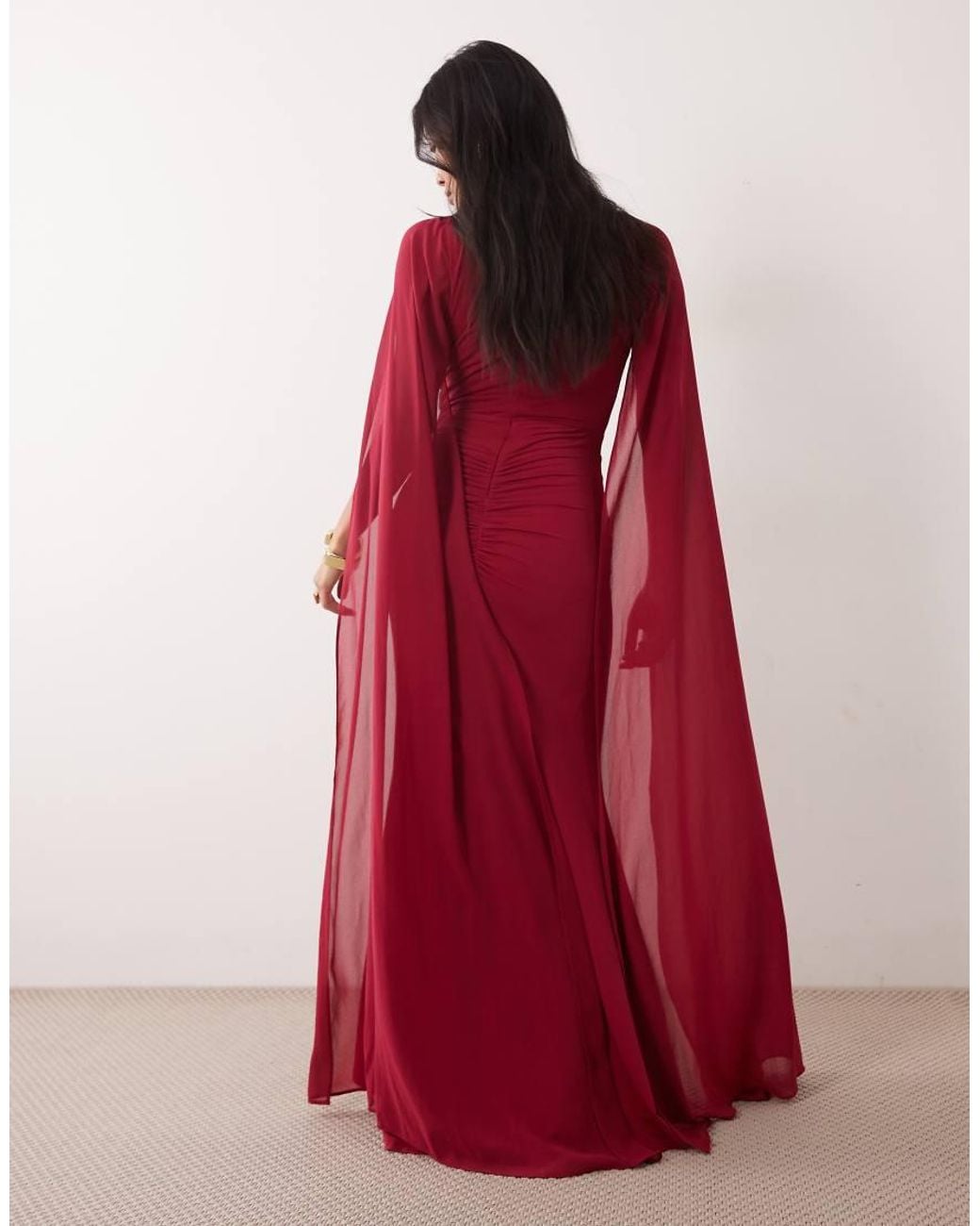 TFNC London Red Slinky Halter Neck Keyhole Detail Cape Sleeve Maxi Dress