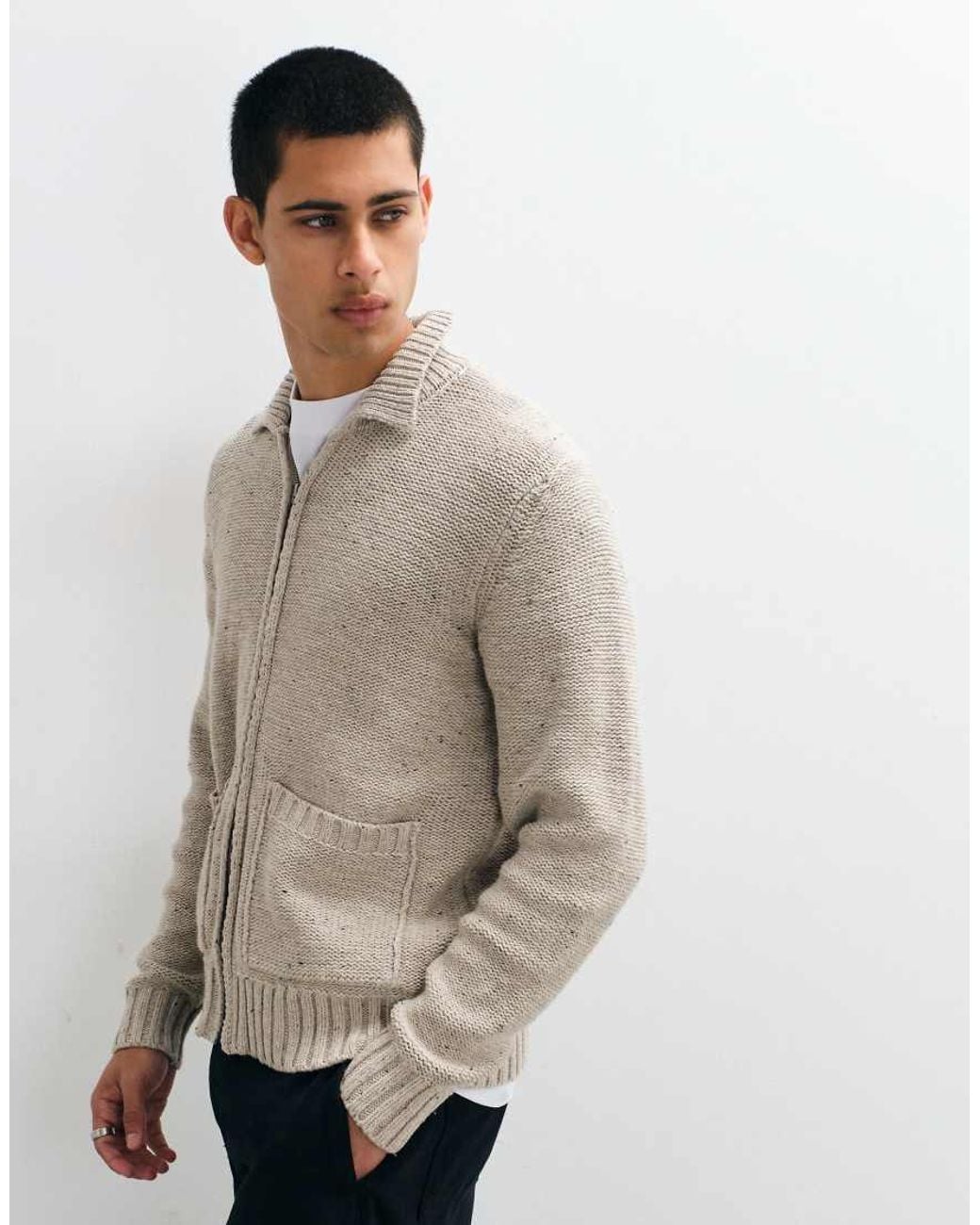 Only & Sons Natural Relaxed Fit Double Zip Knit Cardigan for men