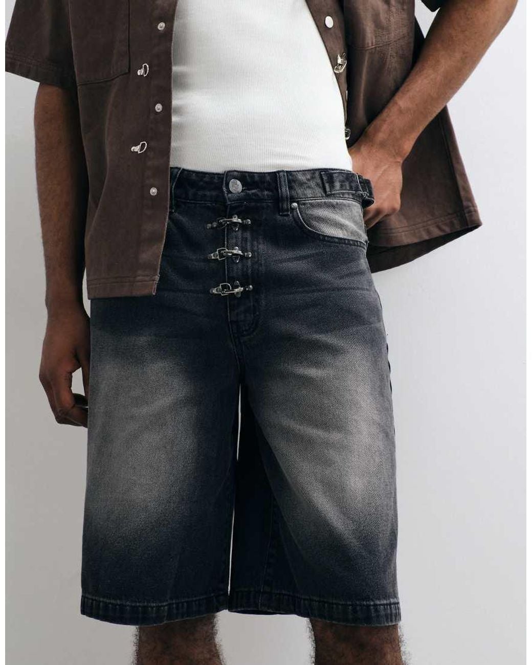 Liquor N Poker Black Fireman Buckle Denim Jorts for men