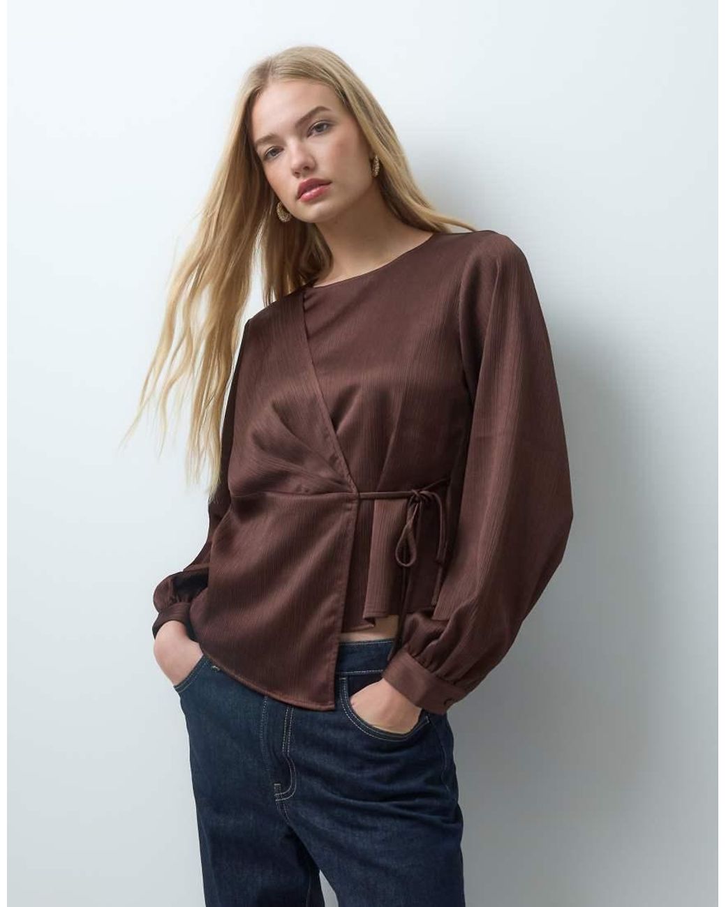 Vero Moda Brown Satin Wrap Front Blouse With Tie