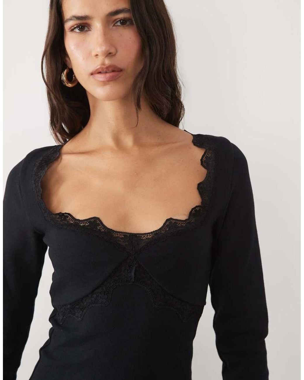 ASOS Black Compact Cotton Sculpting Square Neck Top With Lace Trim