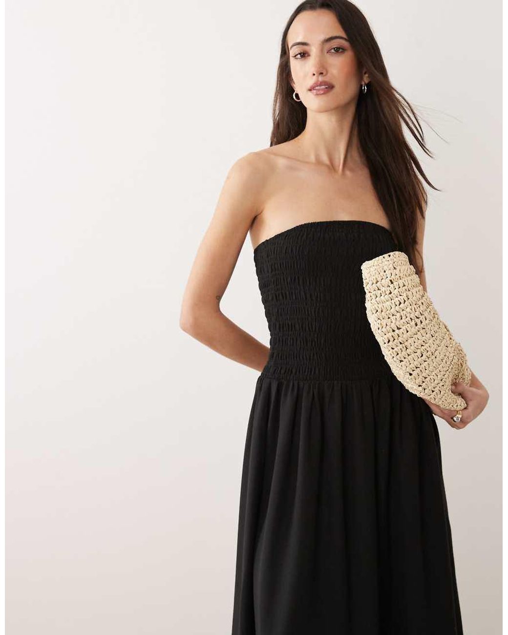 Brave Soul Black Strapless Midi Dress With Shirred Bodice