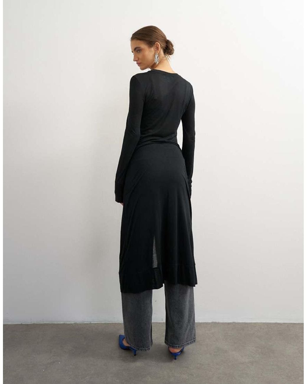 TOPSHOP Black Sheer Button Down Long Line Top