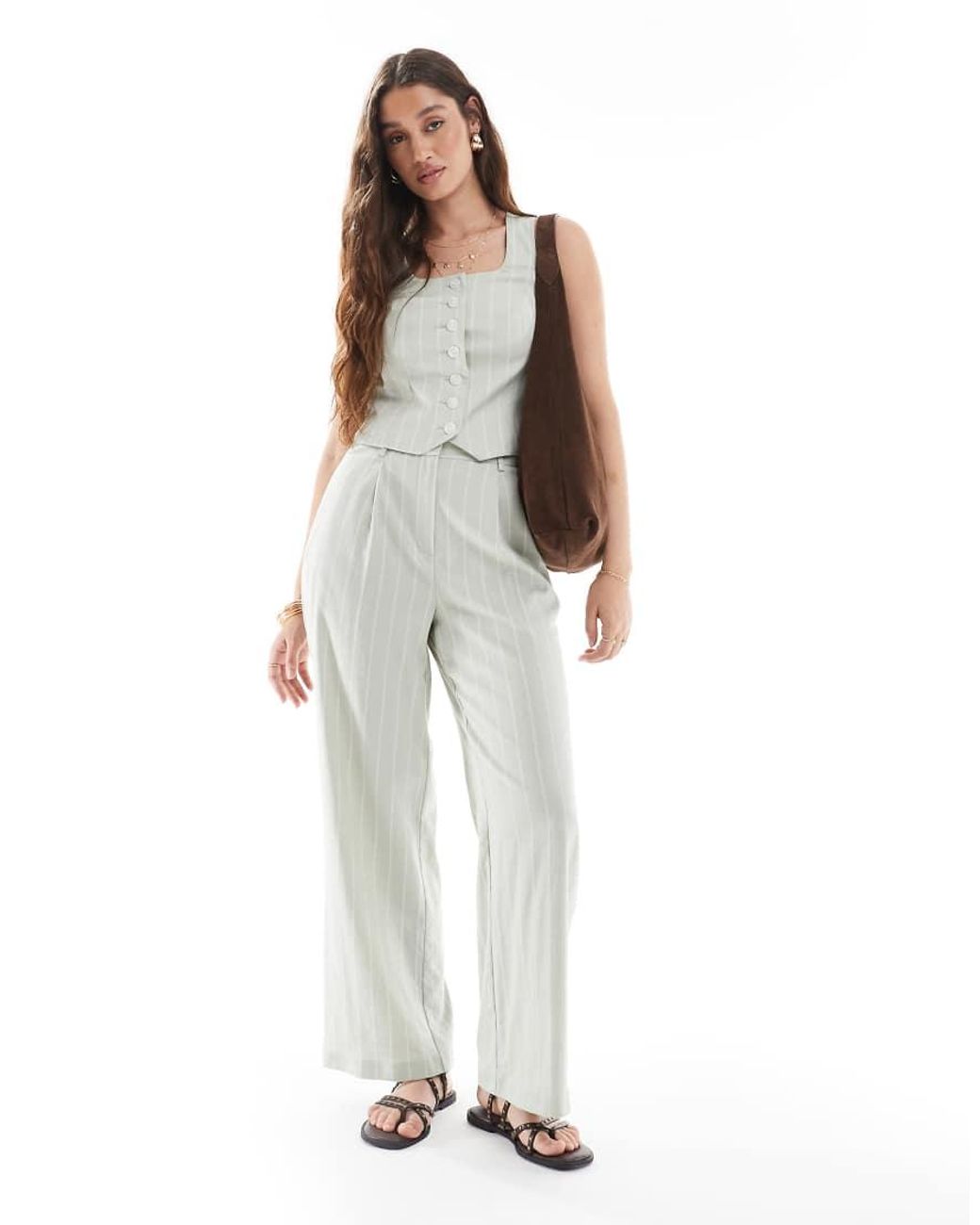 New Look White Co-ord Linen Stripe Scoop Neck Waistcoat