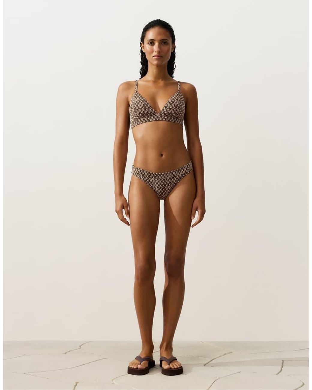 Oysho Brown Floral Jacquard Triangle Bikini Top