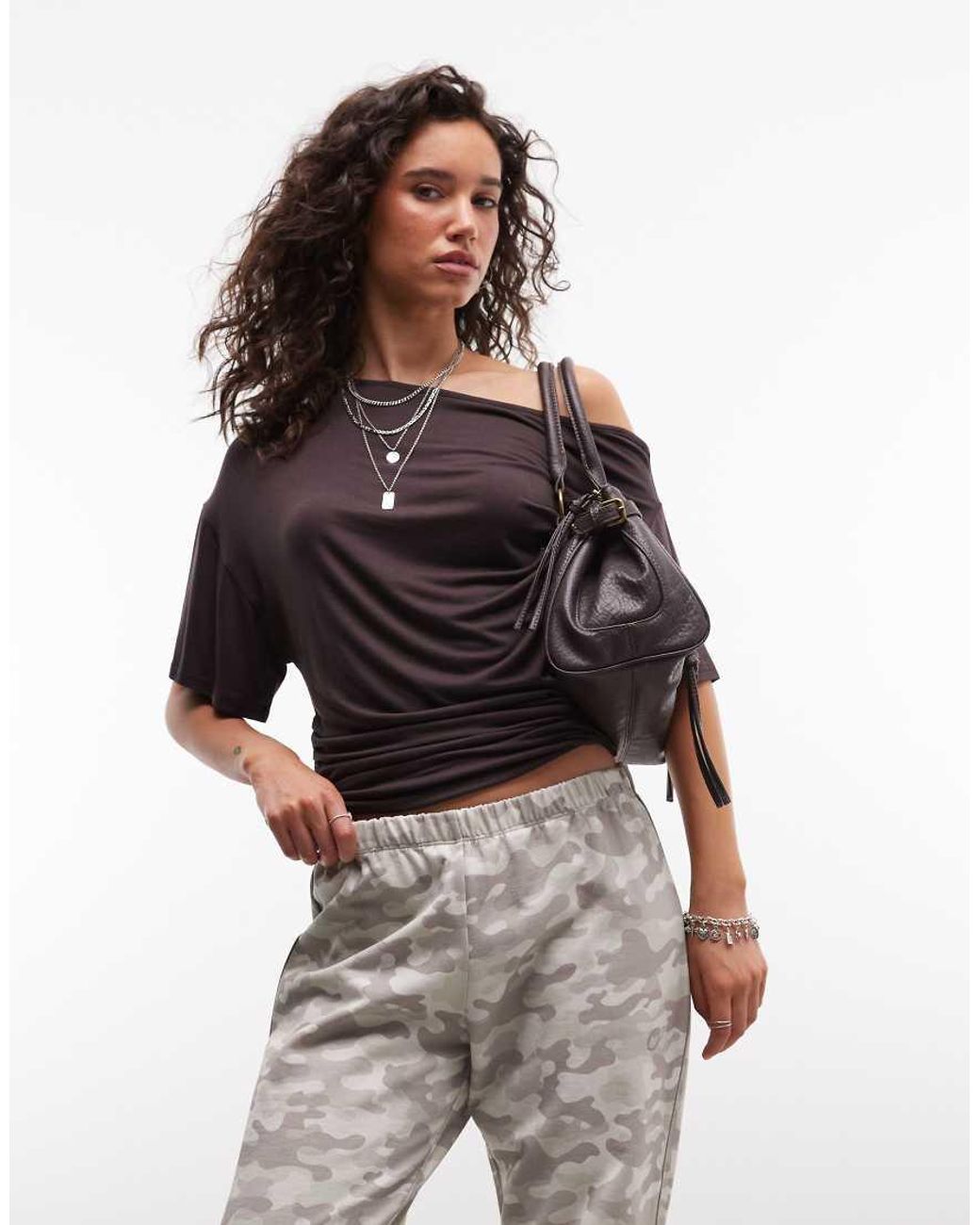 Collusion Brown Off Shoulder Drapey Top