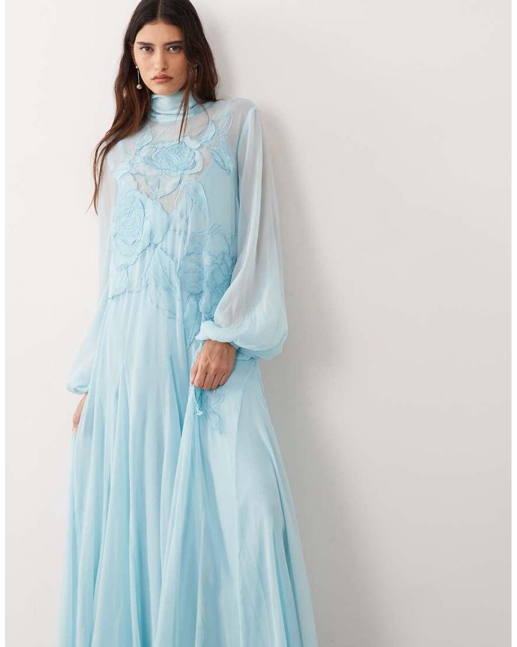 ARRANGE Blue Applique Floral Tie Neck Blouson Sleeve Trapeze Maxi Dress