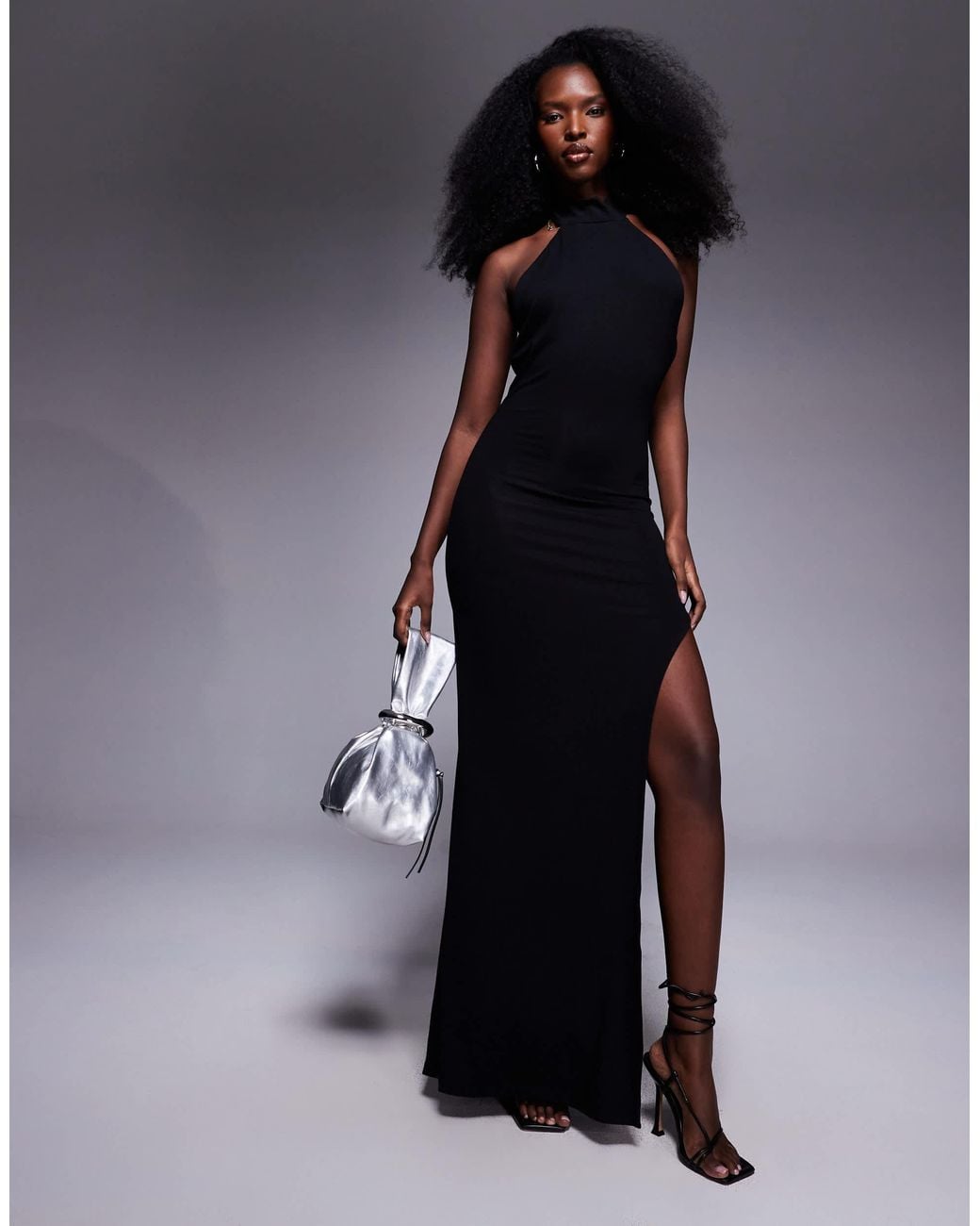 ASOS Maxi Halter Dress With Extreme Thigh Split in Black