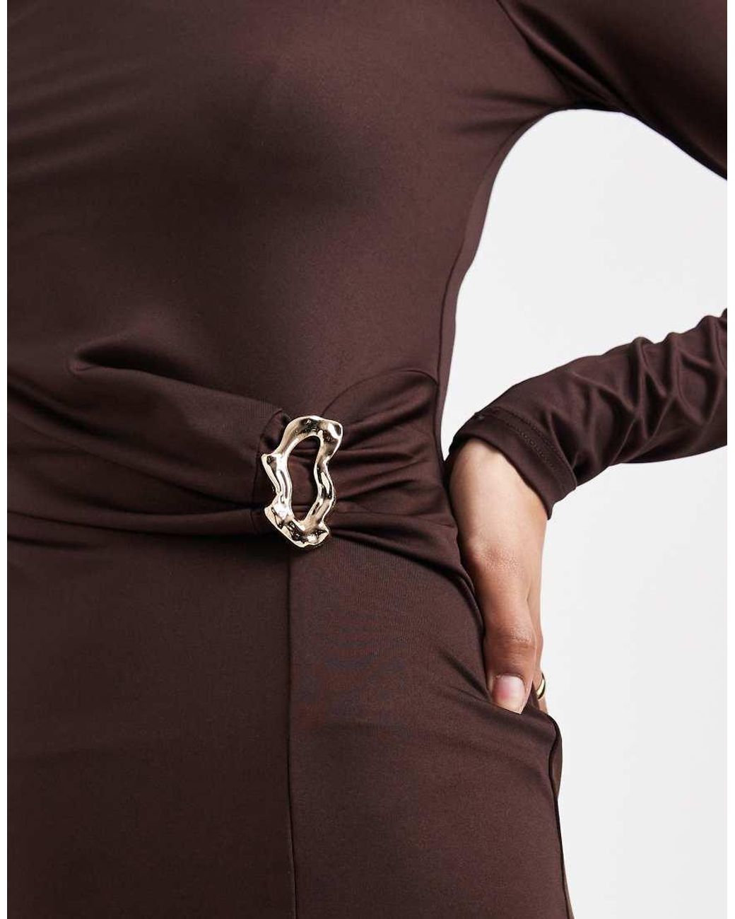 4th & Reckless Brown Double Layered Slinky Off-shoulder Metal Hardware Maxi Dress