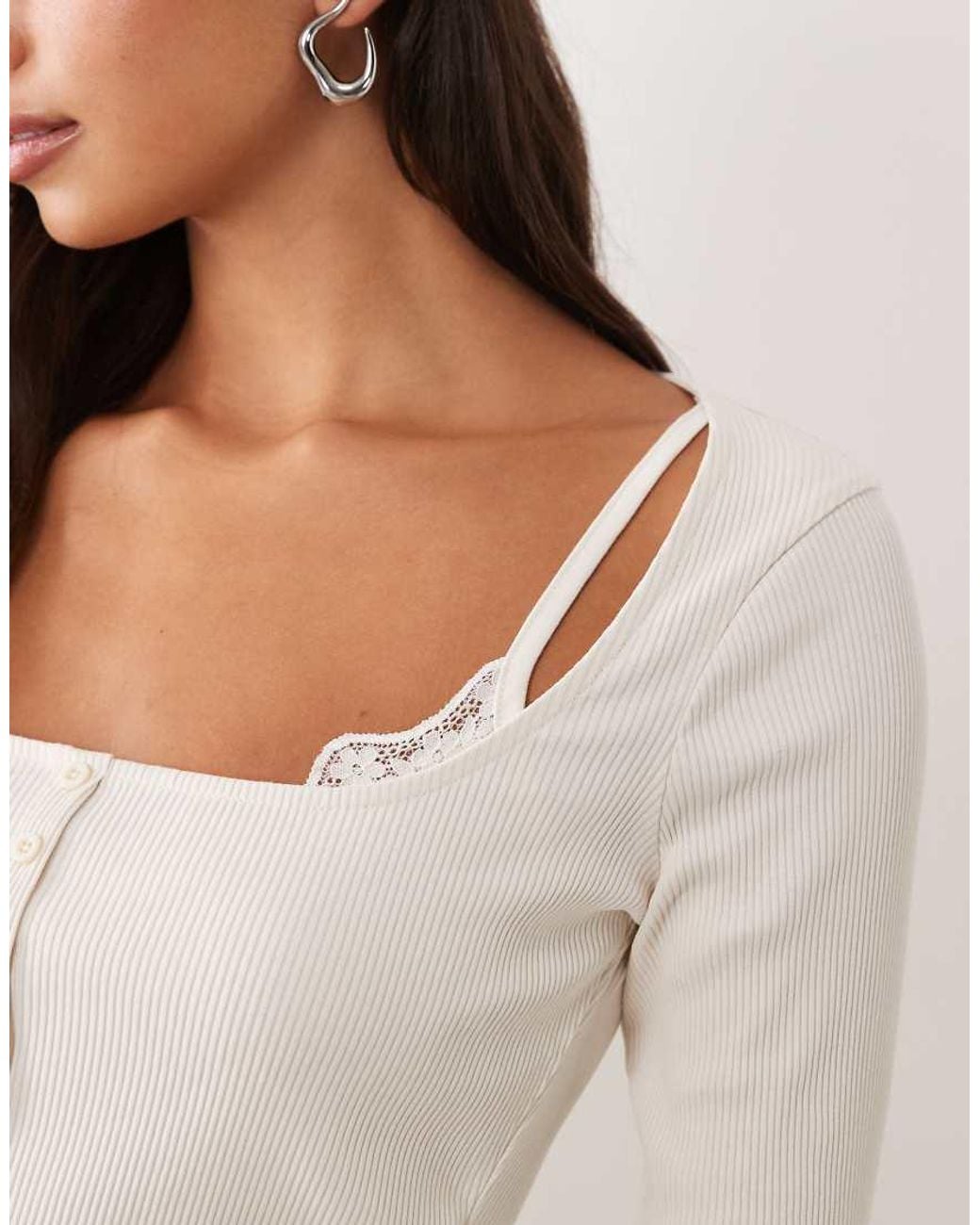ASOS Natural Sculpting Rib Button Through Top With Lace Underlayer