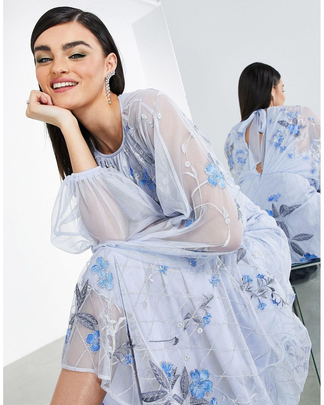 blue and yellow combination dress Alyssa Blue Floral Embellished Midi Dress – Frock and Frill main image 0