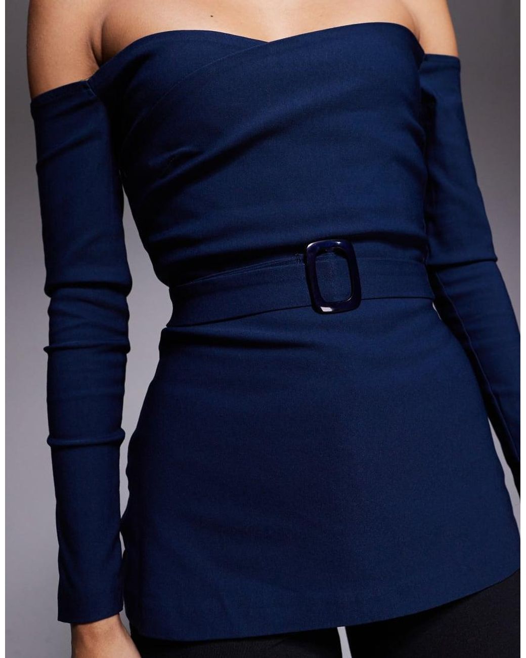 Vesper Blue Bardot Long Sleeve Top With Belt