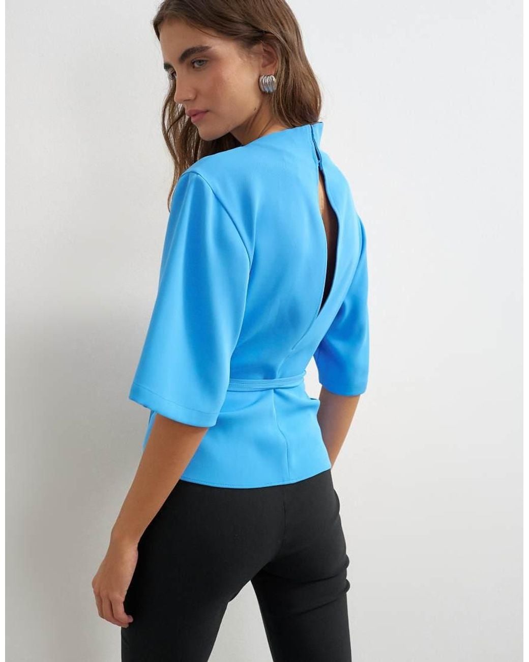 TOPSHOP Blue High Neck Tie Detail Short Sleeved Top