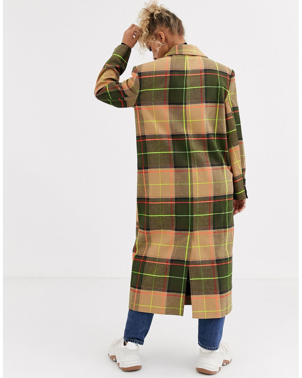 ASOS Neon Check Maxi Coat | Lyst