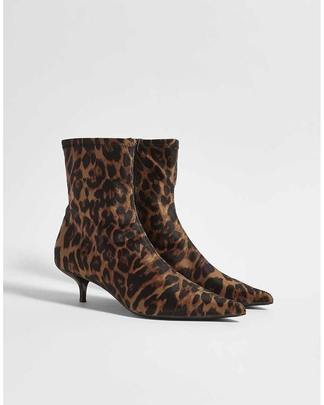 River Island Brown Leopard Print Kitten Heel Sock Boots