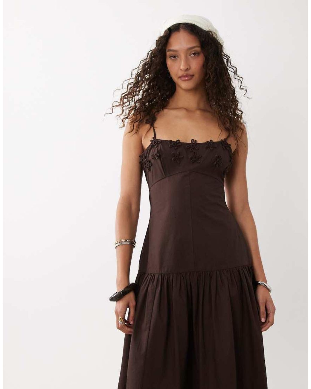 ASOS Brown Dropped Waist Maxi Dress With Floral Cornelli