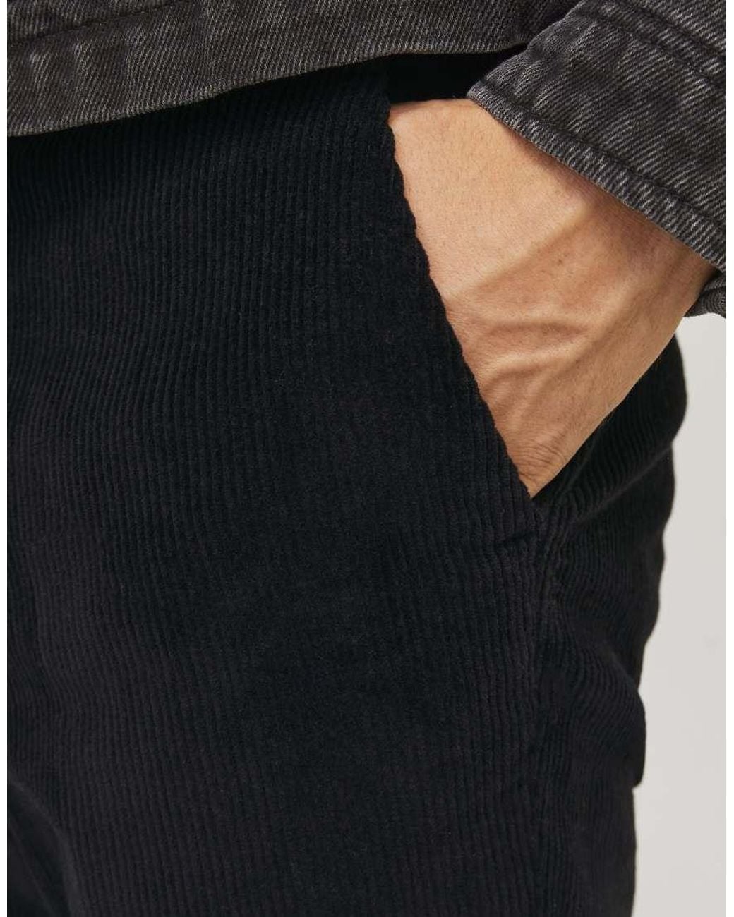 Jack & Jones Black Ace Ribbed Corduroy Mid Waist Tapered Fit Trousers for men