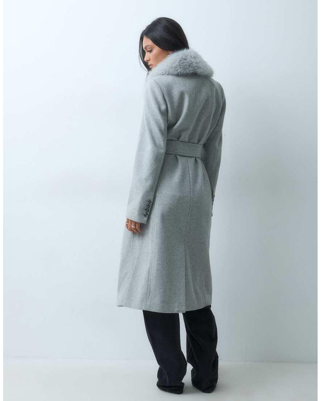 Forever New Blue Formal Belted Detachable Faux Fur Collar Longline Coat