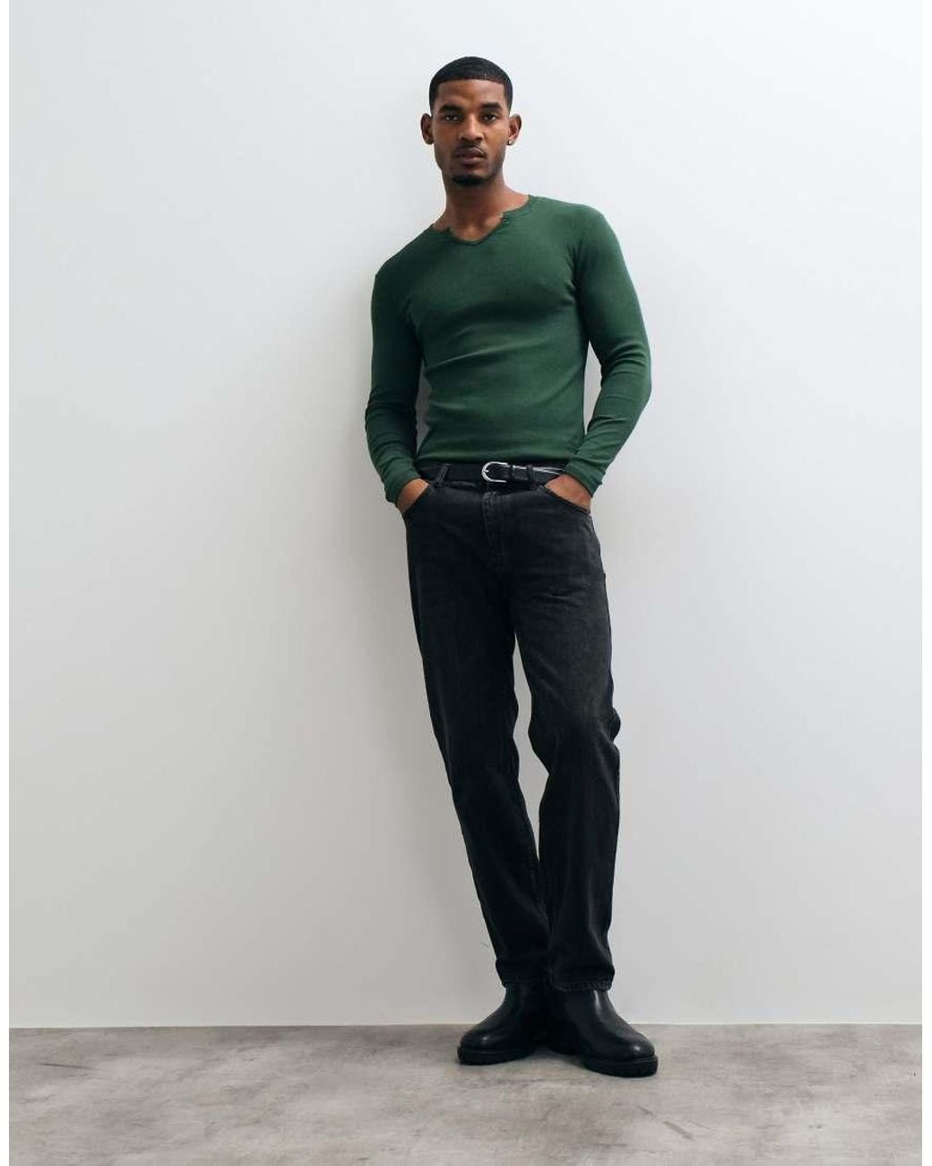 ASOS Green Muscle Fit Long Sleeve T-shirt With Notch Neck for men