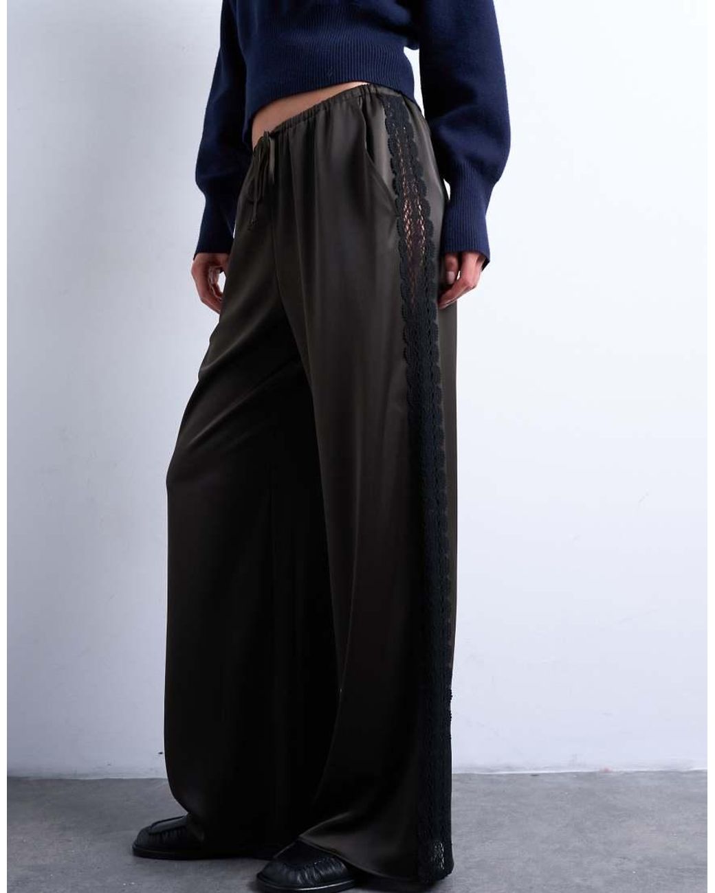 TOPSHOP Blue Satin Lace Insert Trouser