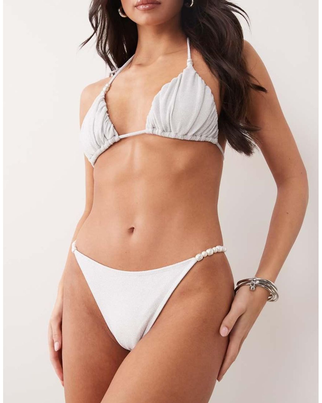 South Beach White Glitter Bikini Bottom With Pearl Detail