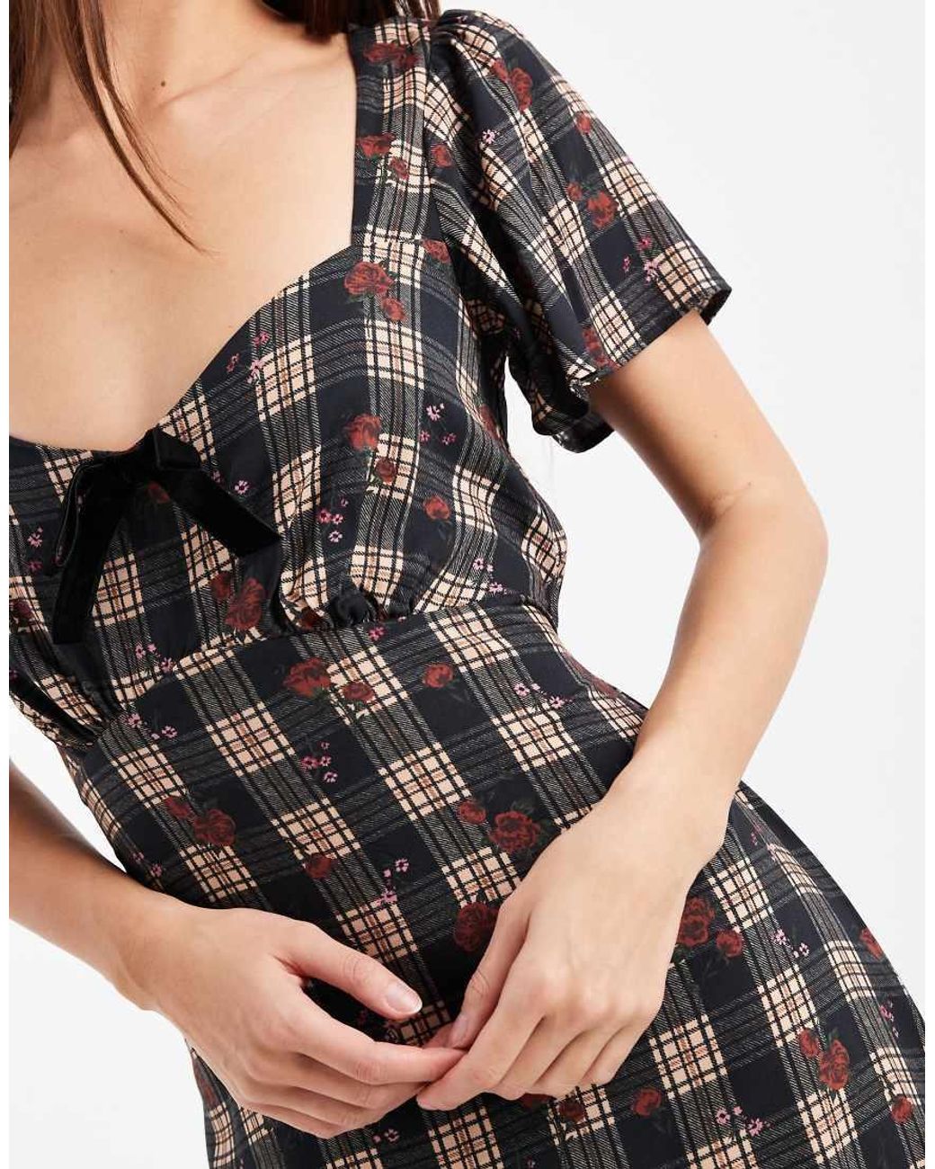 New Look White Check Velvet Bow Midi Dress