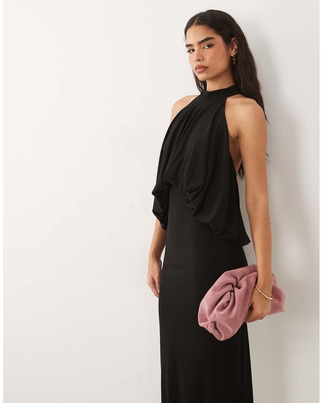 TFNC London Natural Slinky High Neck Halter Detail Backless Maxi Dress