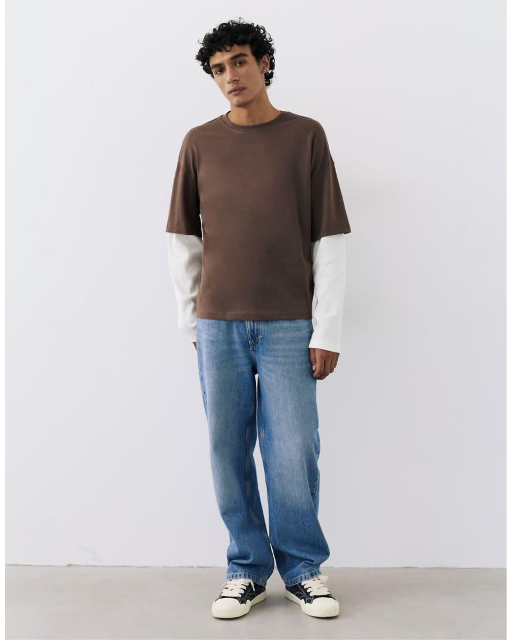 Pull&Bear Brown Double Long Sleeve T-shirt for men