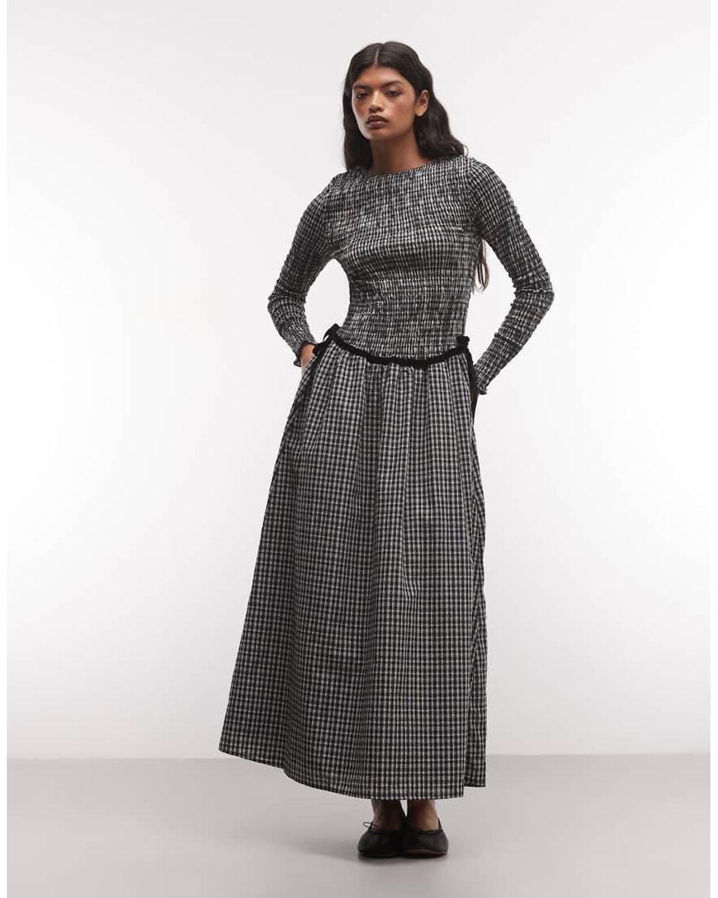 Daisy Street Gray Shirred Drop Waist Maxi Dress