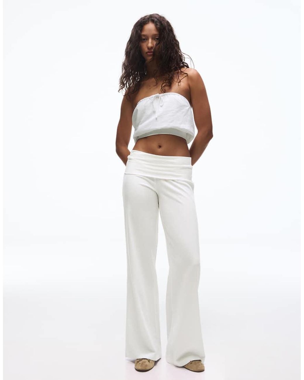 Bershka White Turn-up Waist Trousers