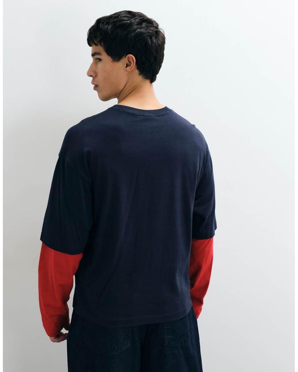 Champion Blue Long Sleeve Double Layer Crewneck T-Shirt for men
