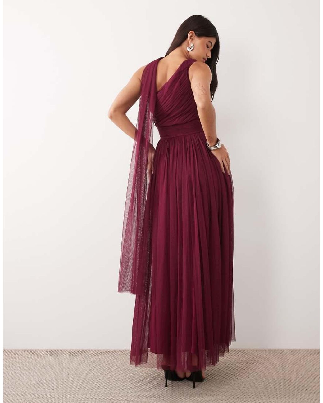 LACE & BEADS Purple Bridesmaid Tulle One Shoulder Scarf Neck Maxi Dress