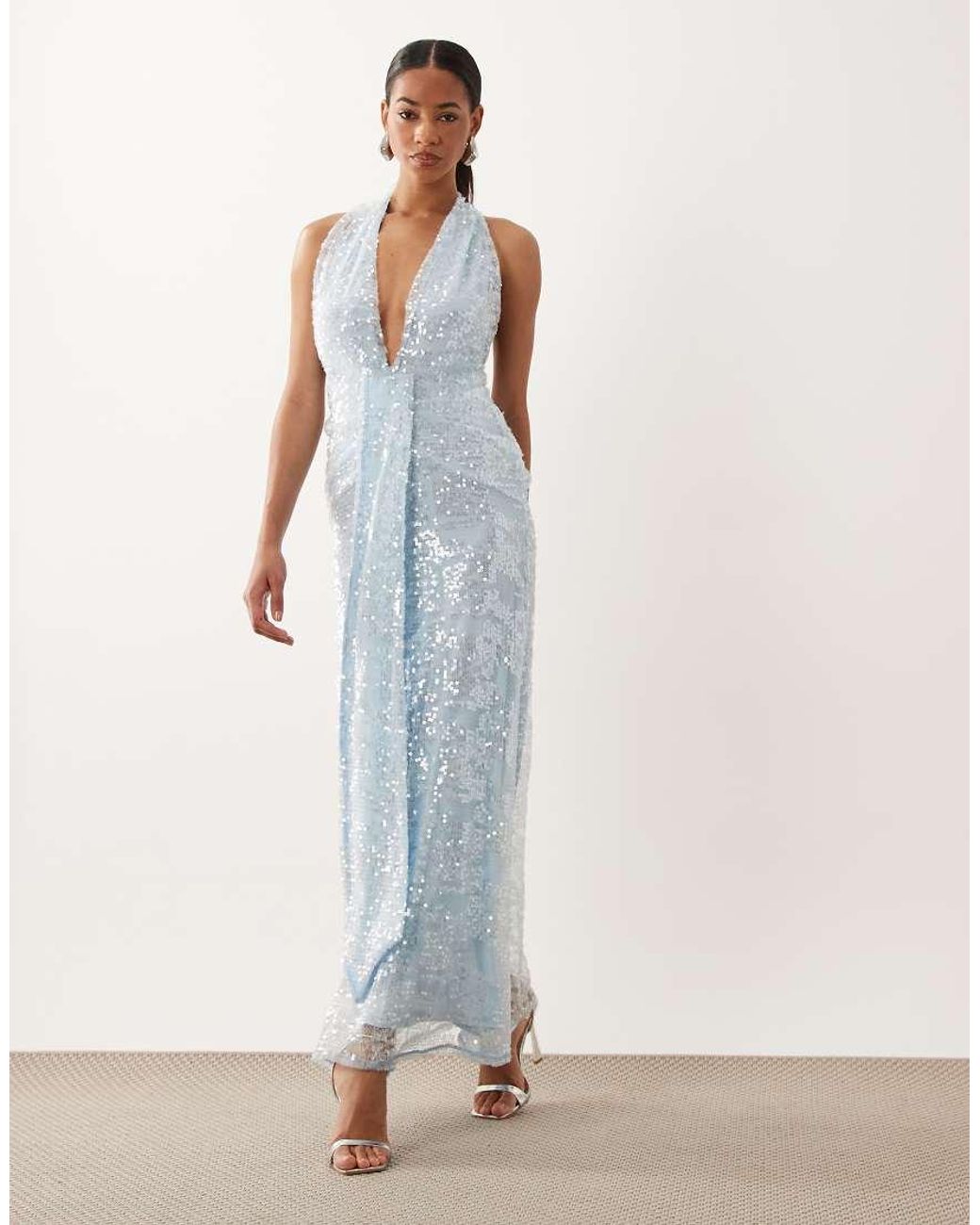 ASOS White Sequin Plisse Plunge Halter Maxi Dress With Scarf Detail