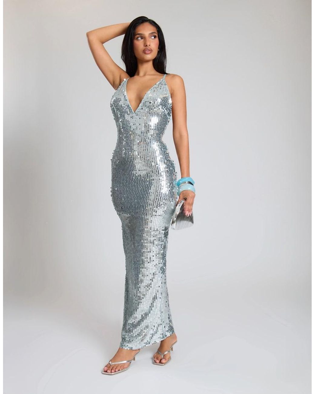Missy Empire Blue Sequin Plunge Low Back Maxi Dress