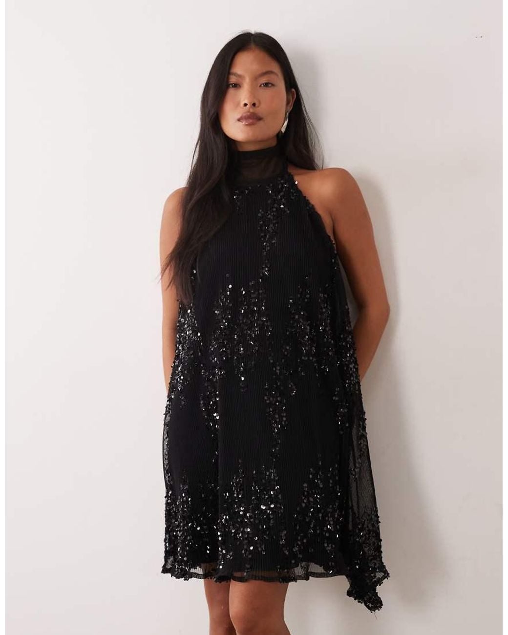 TFNC London Black Pleated Sequin Halter Neck Mini Dress