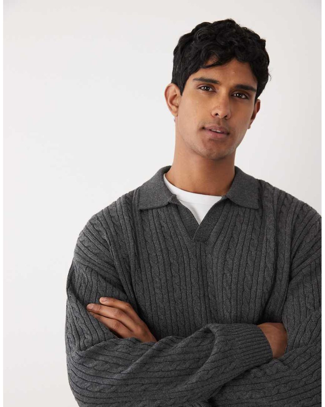Redefined Rebel Gray Jared Open Collar Oversized Cable Knit Jumper for men