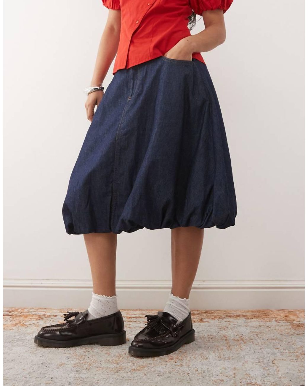 Reclaimed Vintage Blue Puffball Denim Midi Skirt