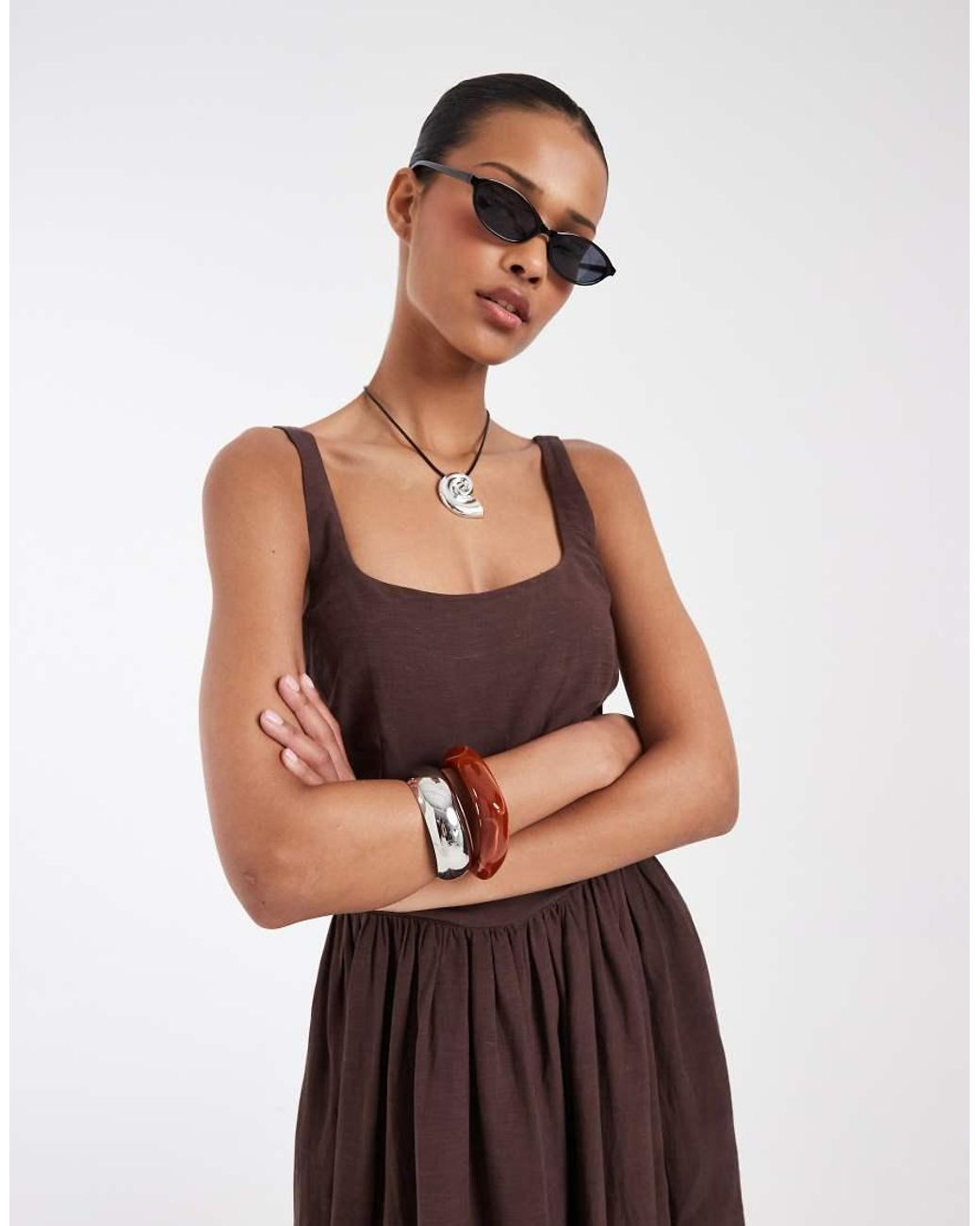 & Other Stories Brown Corset Detail Midi Dress With Puff Skirt