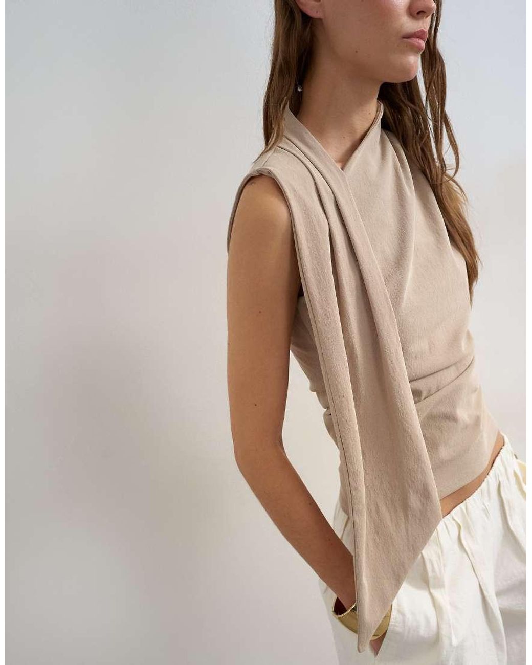 TOPSHOP White Cinch Waist Scarf Detail Top
