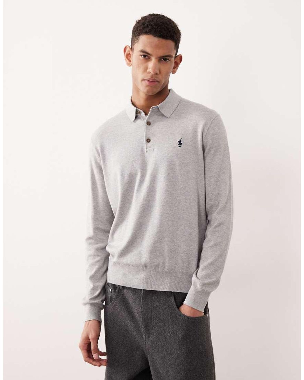 Polo Ralph Lauren Gray Icon Logo Cotton Knit Polo Jumper for men