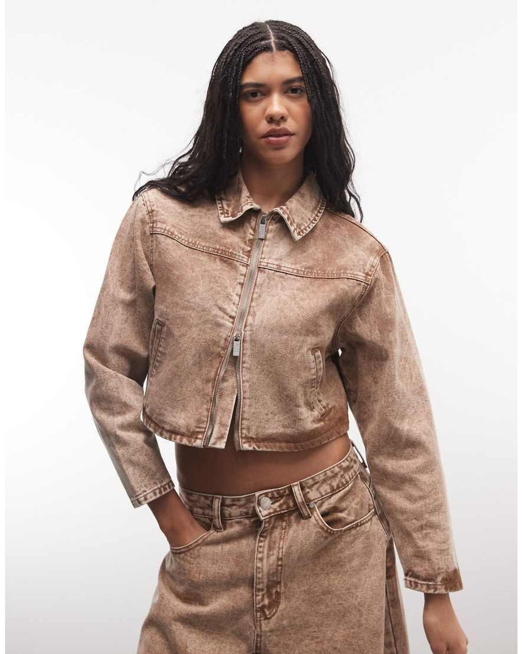 Liquor N Poker Brown Boxy Double Zip Denim Jacket Co-Ord