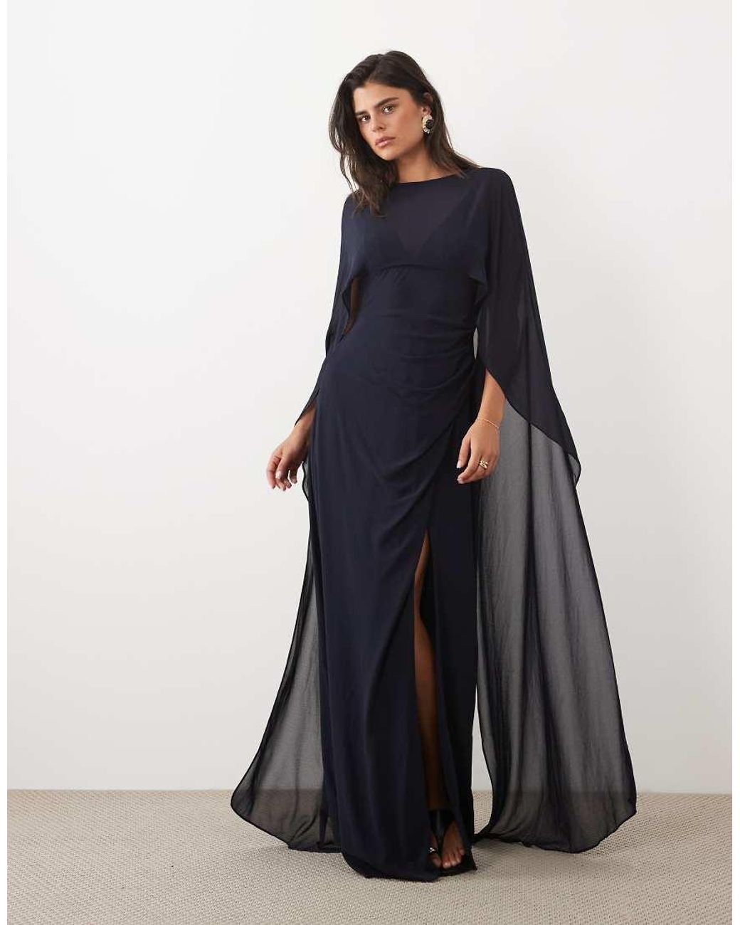 TFNC London Blue Bridesmaids Chiffon High Neck Thigh High Split Maxi Dress With Cape