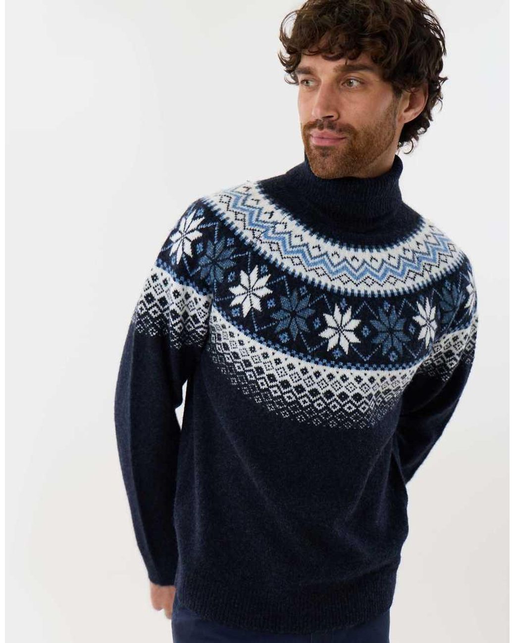 Threadbare Blue Fairisle Roll Neck Christmas Jumper for men