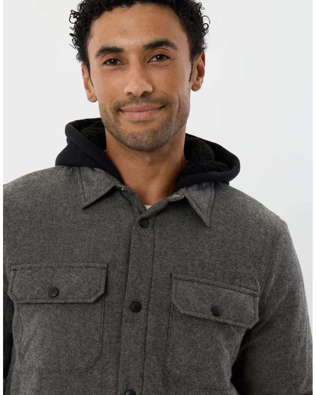 Threadbare Gray Herringbone Flannel Shacket With Sherpa Lined Hood for men