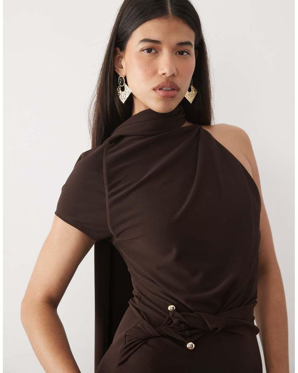 ASOS Brown Scarf Detail Maxi Dress With Ruched Trim Waist