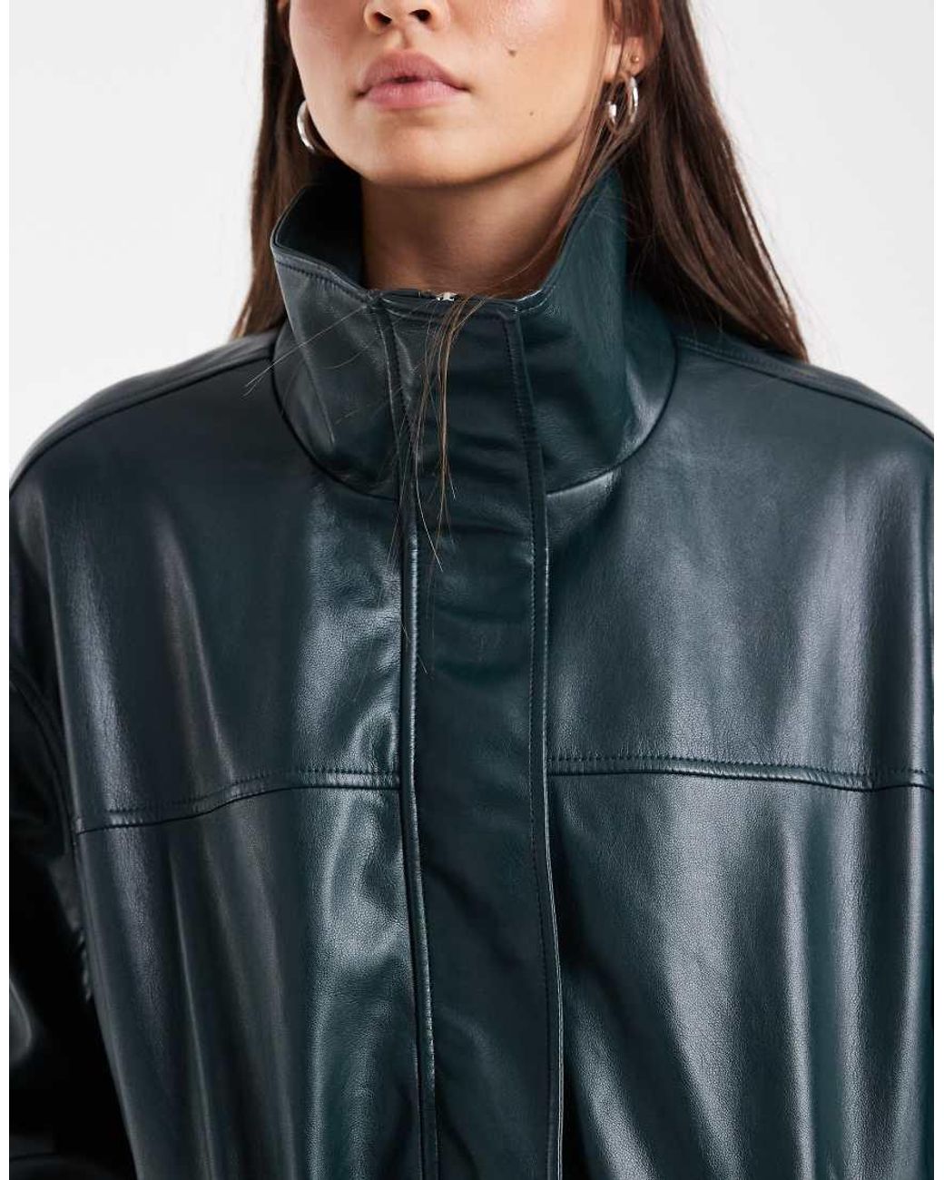 ASOS Green Clean Leather Look Funnel Bomber Jacket