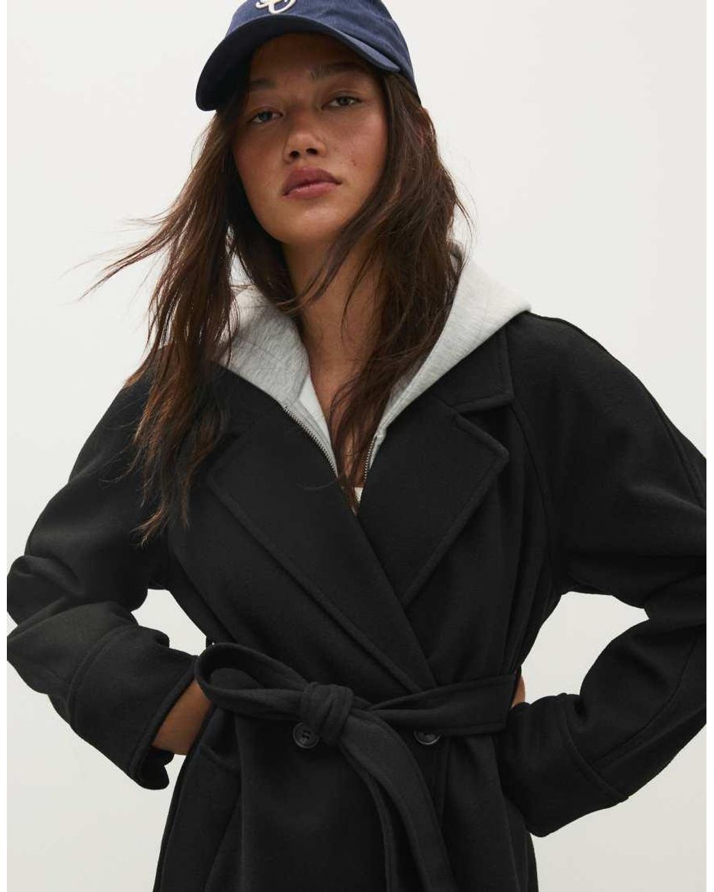 Bershka Black Long Soft Belted Coat