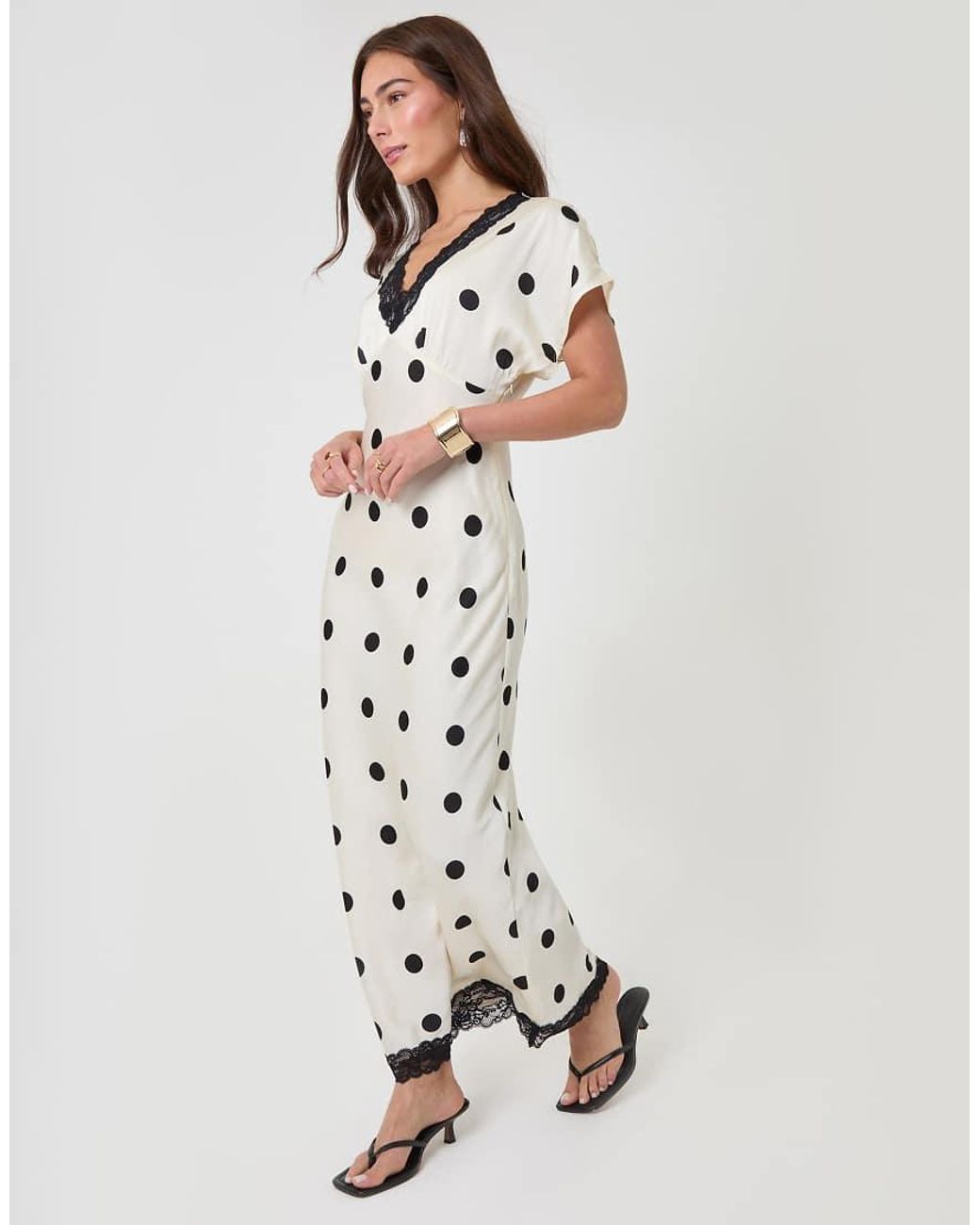 Threadbare White Polka Dot Satin Lace Trim Tea Dress