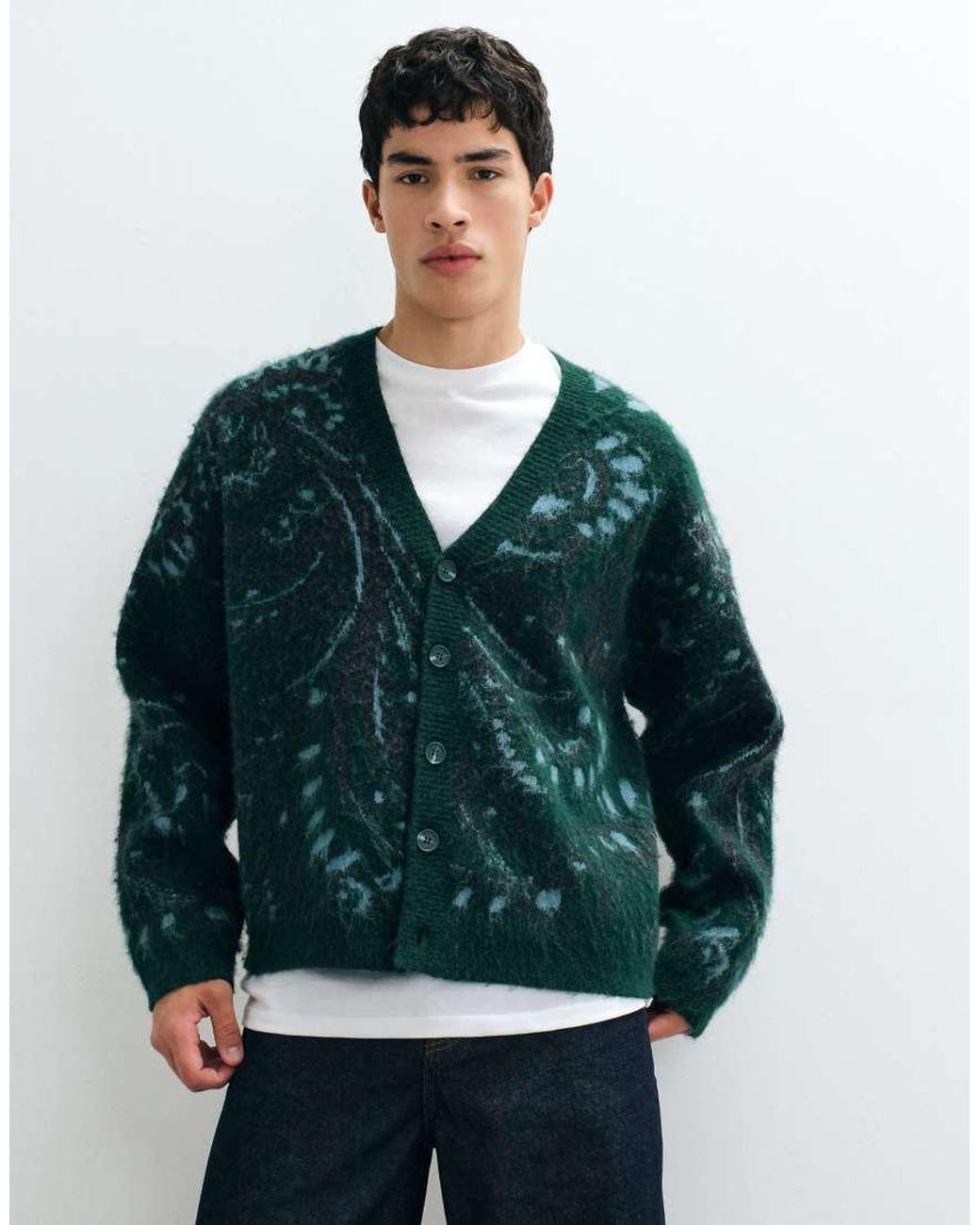 Reclaimed Vintage Green Tapestry Print Oversized Knit Cardigan for men